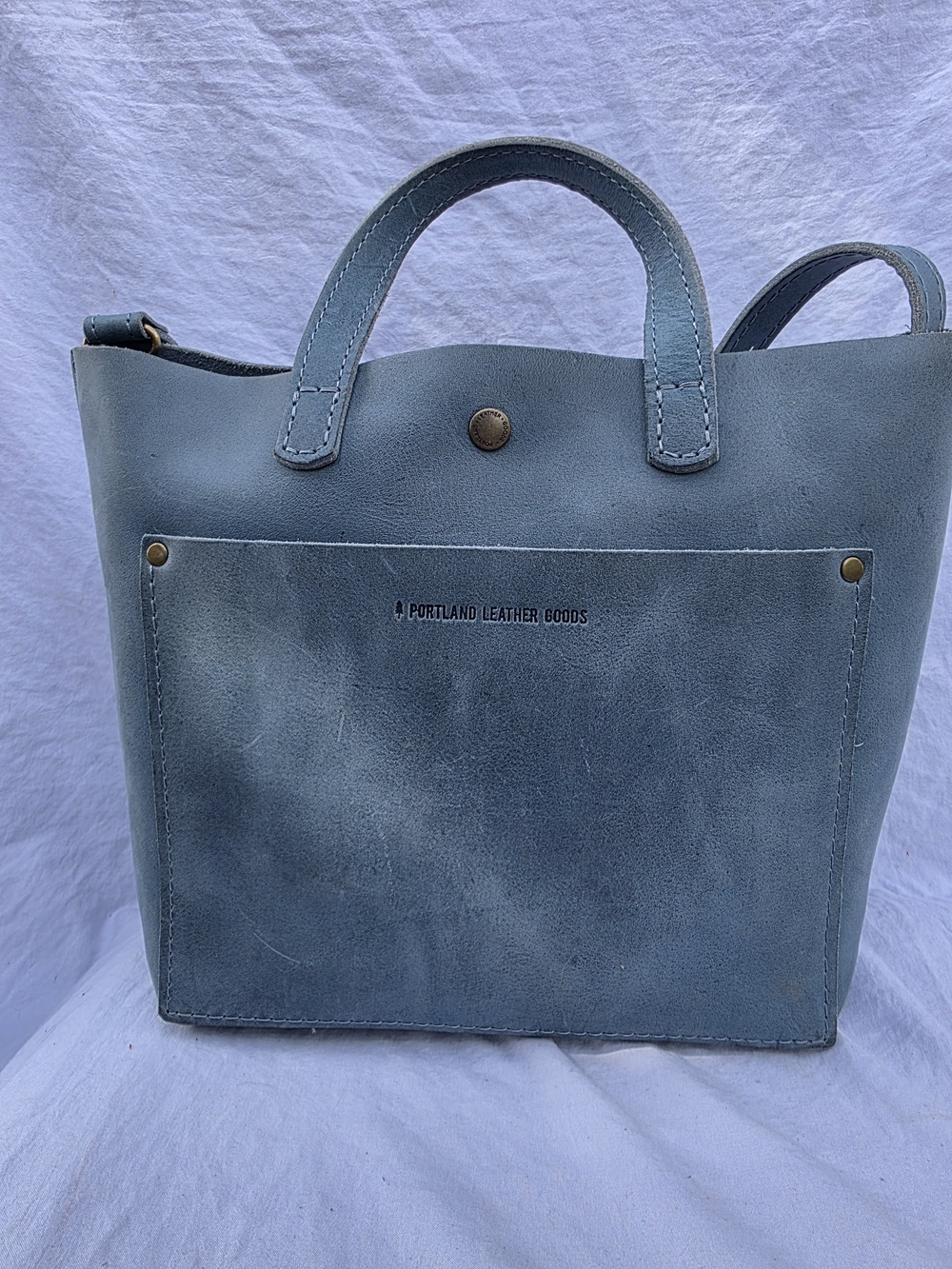 Portland Leather Aqua Snap Leather Tote Bag With Hide stamp